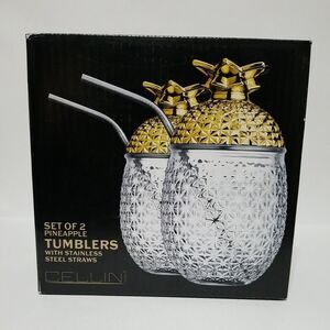 Set Of 2 Pineapple Tumblers W/ Stainless‎ Steel Straws 20 Oz CELLINI NIB